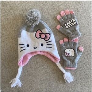🪞 NEW set hello kitty fleece lined knit hat and glove sanrio full matching pink